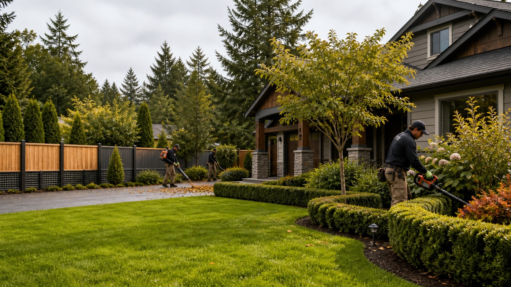 A HedgeHunters crew maintaining a landscaped Pacific Northwest home